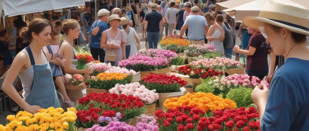 farmers market busy with customers walking by
