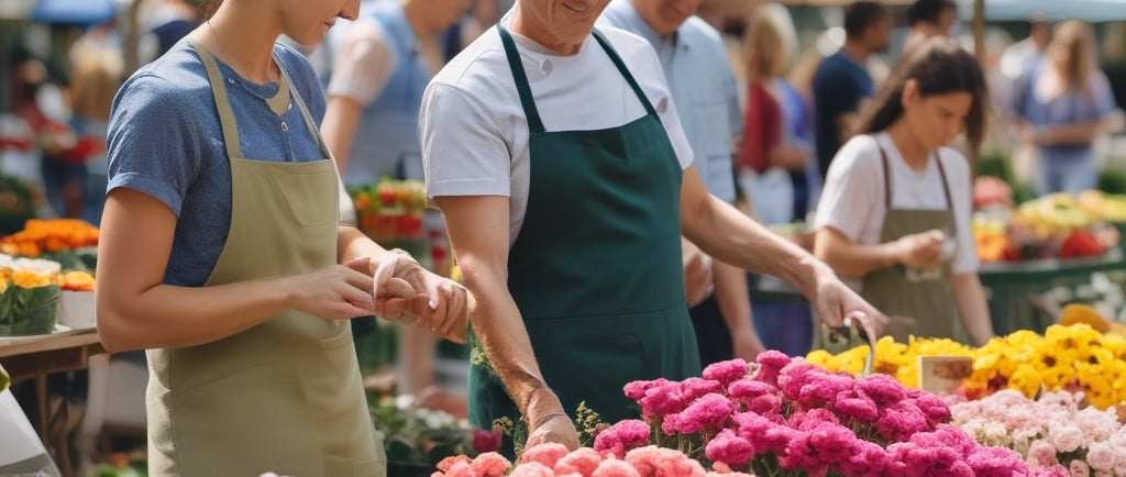 flower vendors chat to each other at farmers market