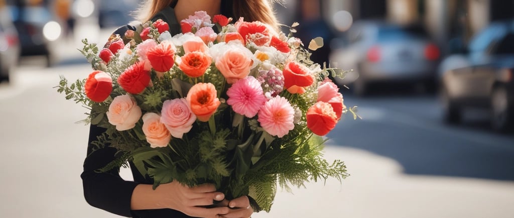 woman holding a multi colored roses bouquet