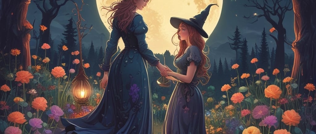 adult witch and younger witch walk amongst flowers by moonlight