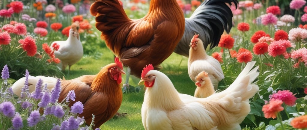 chickens freely walking among flower garden
