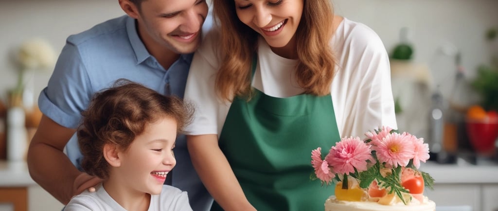 happy family making a cake in kitchen with flowers nearby