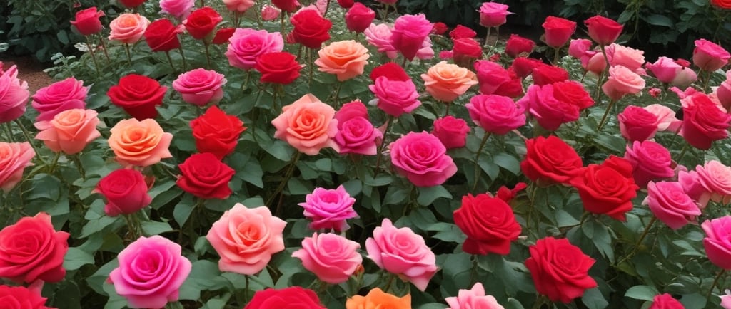 garden of red roses, peach roses and pink roses
