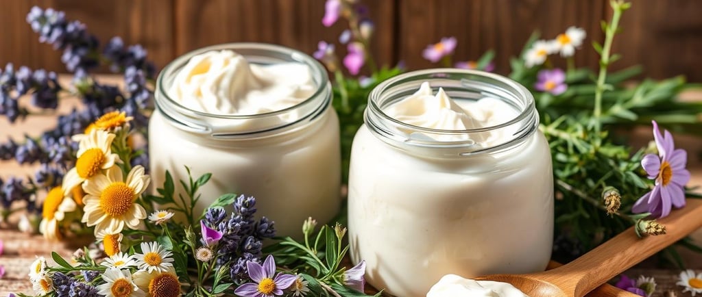 A cozy scene featuring a glass jar of creamy herbal body butter surrounded by vibrant fresh herbs li