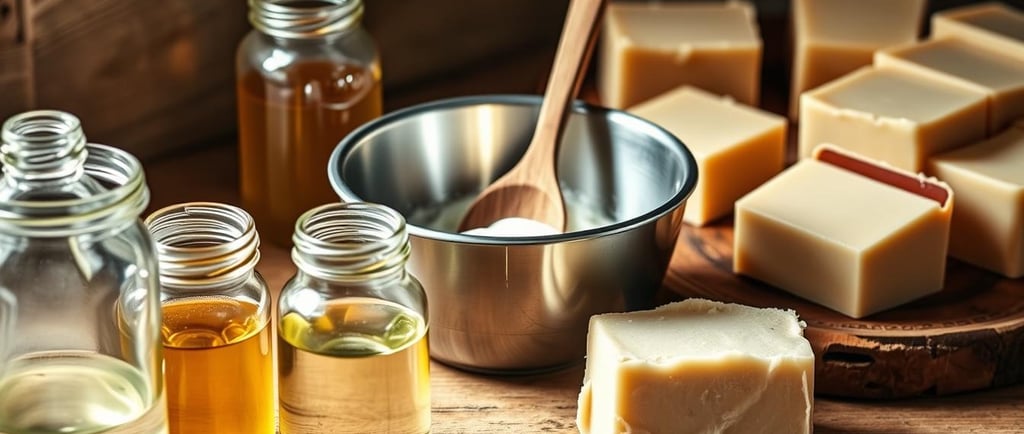 cold process soap bars with metal bowl and glass jars of oils