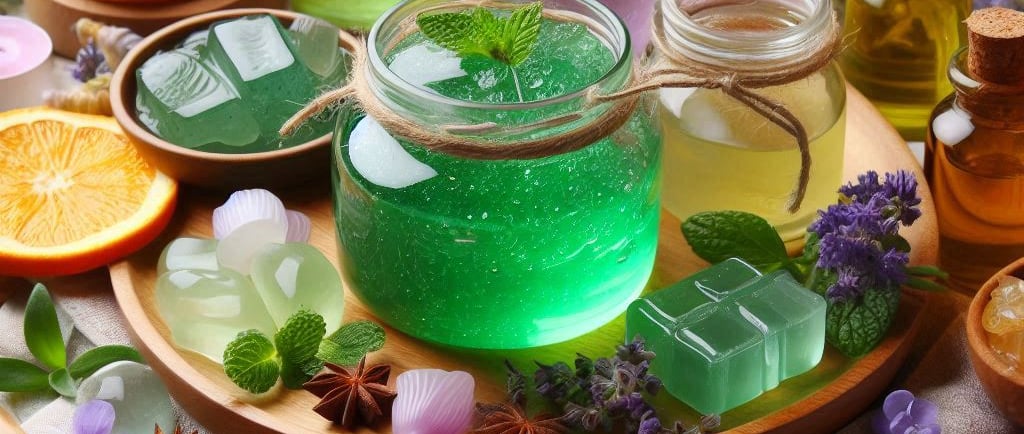 a green jelly in a glass jar with other jellies and botanicals around it