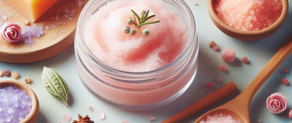pink face scrub in glass jar with skin care ingredients around