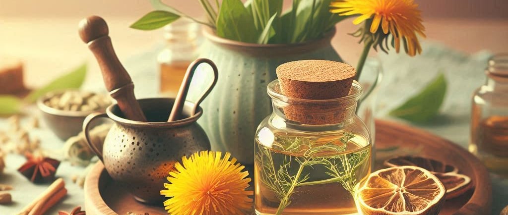 a table with a dandelion tonic 