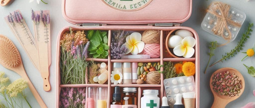 a pink medical kit with a pink case and a wooden spoon