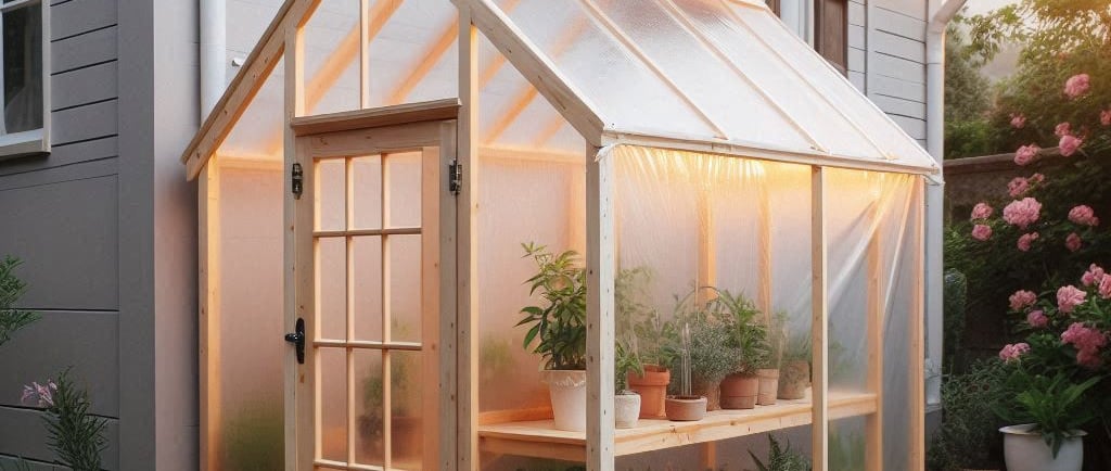 a small, wood frame greenhouse with plastic sheeting, at the side of a house at the side of a house
