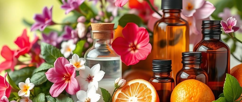 a variety of bottles of essential oils and flowers