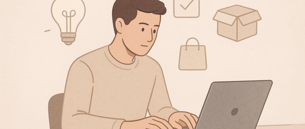 Ilustração-pessoa-trabalhando-computador-com-ícones-ideias-produtos-flutuando-redor