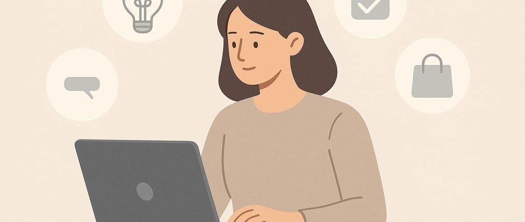 Ilustração-uma-pessoa-trabalhando-computador-com-ícones-ideias