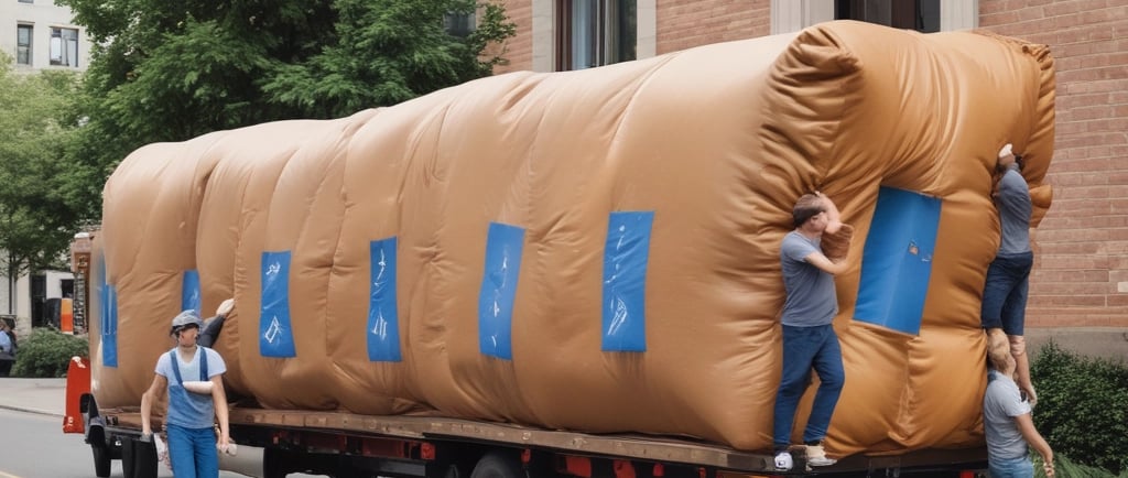 a large brown bagged truck with movers standing around it