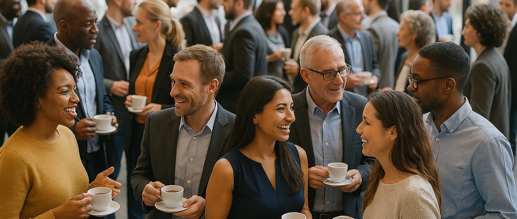 a group of people at a business networking event with cups of coffee