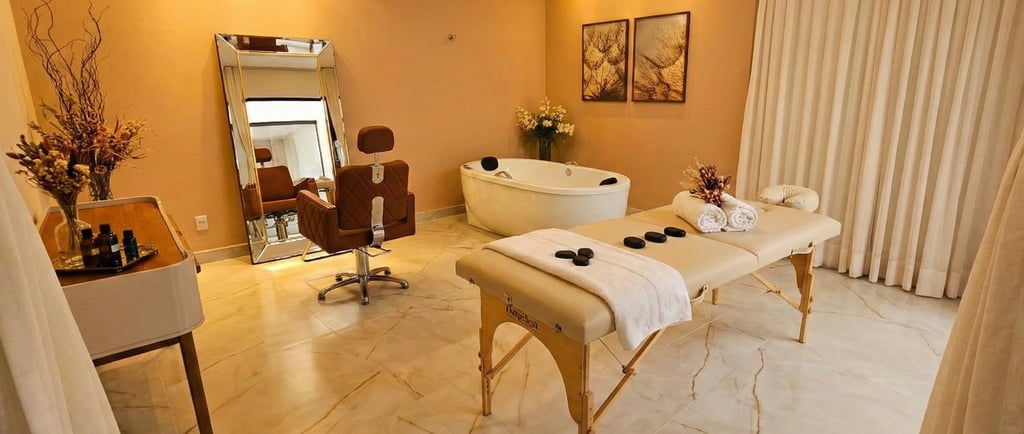 Sala de estética e SPA de luxo preparada para tratamento corporal no We Hall Beauty.