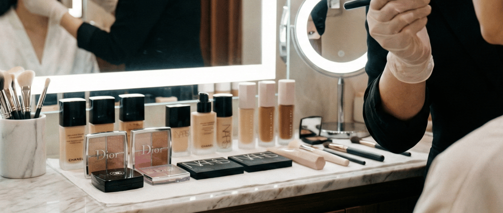 Maquiador profissional preparando a pele da cliente na bancada do We Hall Beauty.