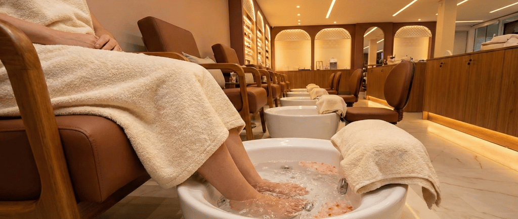 Ambiente de pedicure luxuoso com escalda-pés preparado para o protocolo de relaxamento no We Hall Beauty.