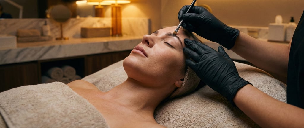 Especialista do We Hall Beauty realizando o procedimento técnico de Brow Lamination na maca.