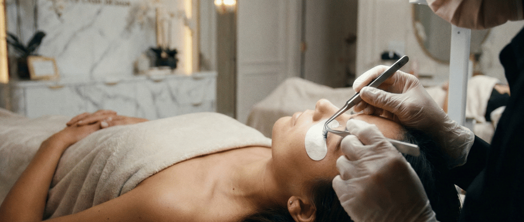 Profissional aplicando extensão de cílios com técnica fio a fio e biossegurança no We Hall Beauty.