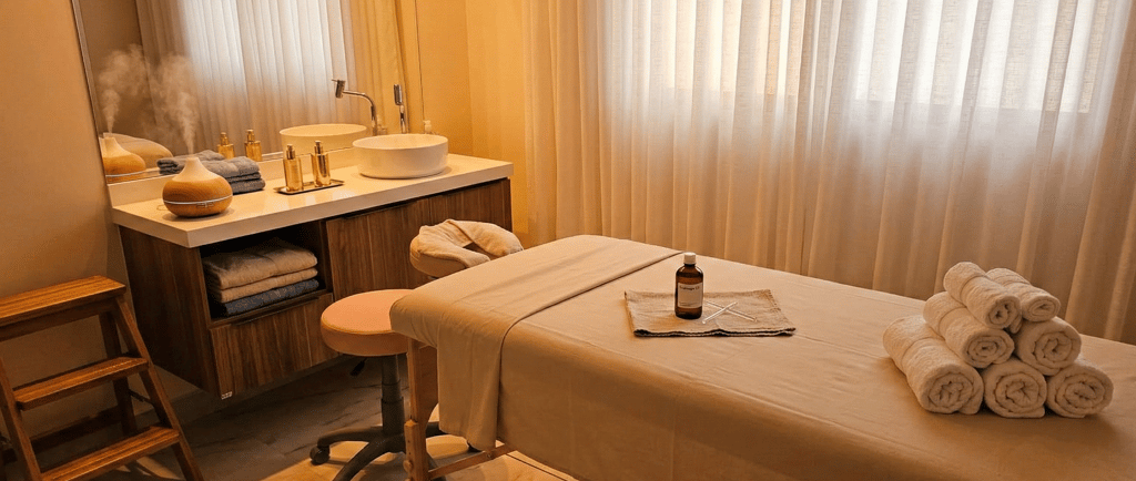 Sala de estética e massagem preparada para sessão de drenagem linfática no We Hall Beauty.