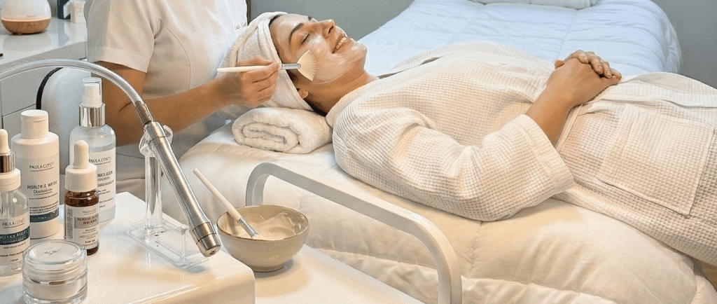 Cliente em momento de relaxamento finalizando o protocolo de peeling com máscara hidratante no We Hall Beauty