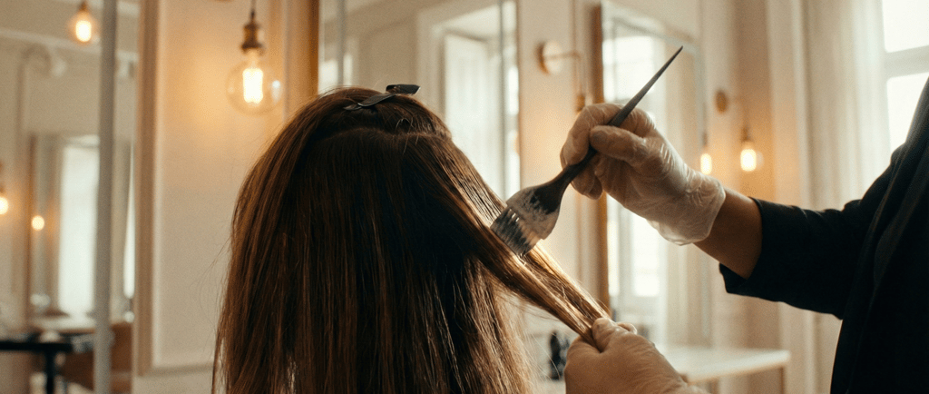 Colorista aplicando técnica de mechas para efeito Morena Iluminada no salão We Hall Beauty.