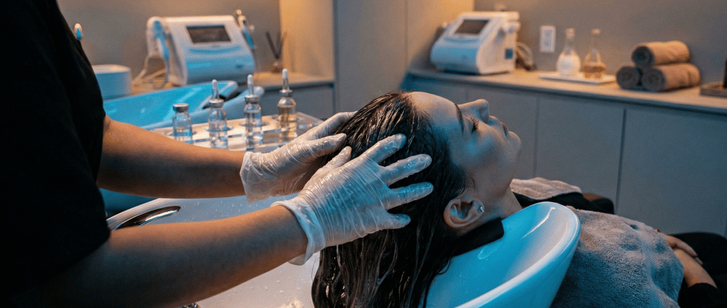 Terapeuta capilar realizando massagem e aplicação de tônico no couro cabeludo no We Hall Beauty.