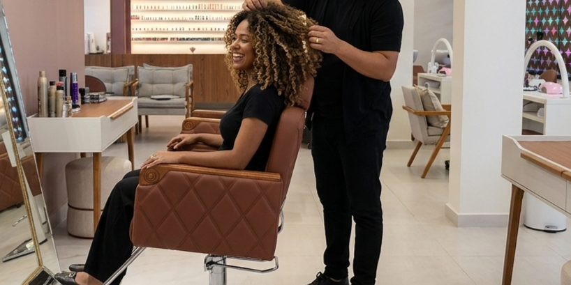 Profissional visagista avaliando o caimento do corte de cabelo da cliente no We Hall Beauty.