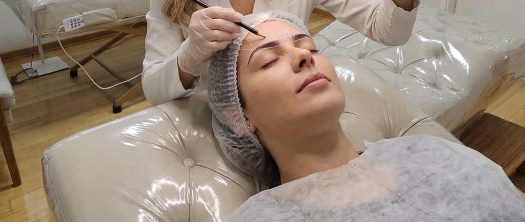 Designer realizando o mapeamento facial e design de sobrancelhas na maca do We Hall Beauty.