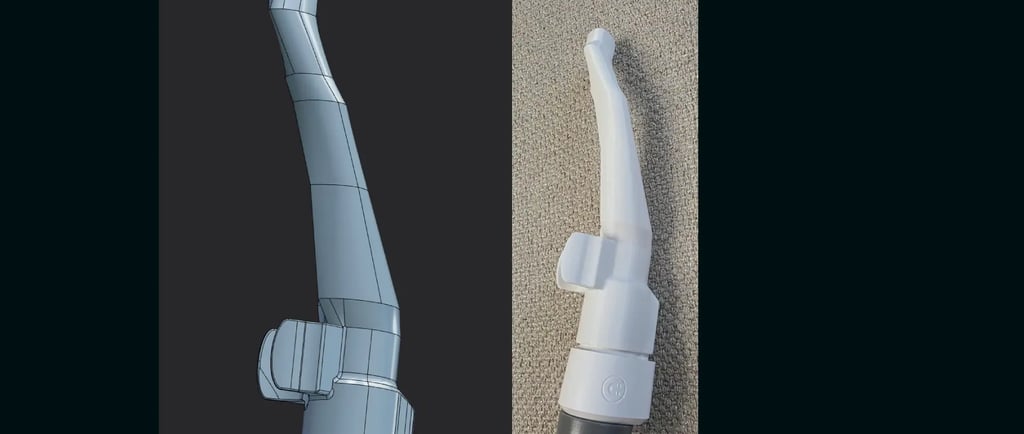 a comparison of a nail vacuum connection 3d model to the final 3d printed connector
