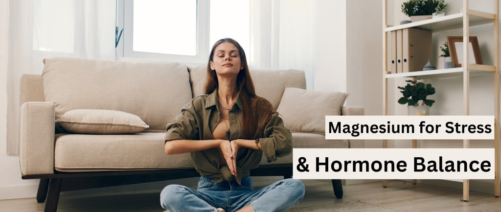 Woman sitting calmly and meditating at home, representing stress relief and hormone balance 