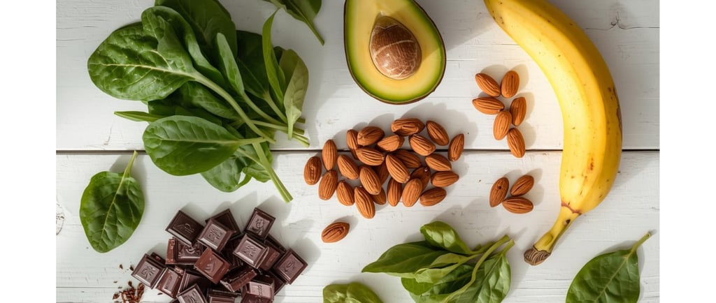 Flat lay of healthy magnesium-rich foods including spinach, avocado, almonds, banana, and dark chocolate.