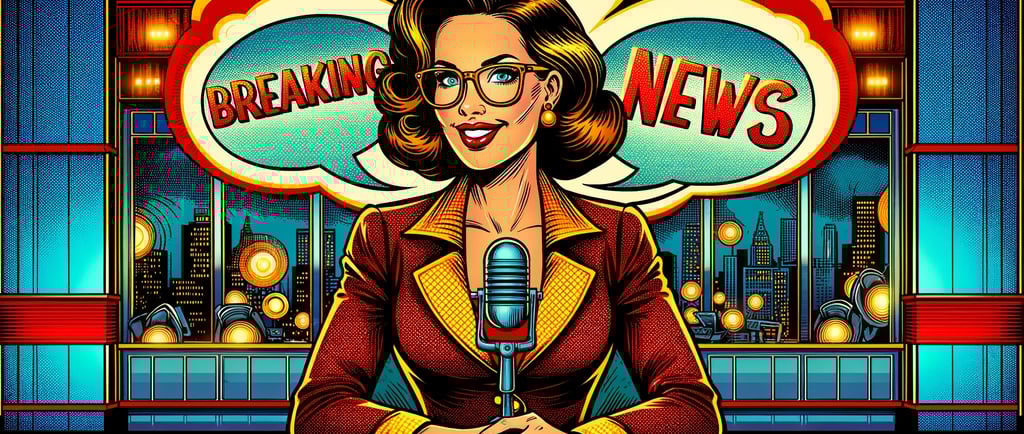 a woman in a red jacket and glasses is holding a microphone