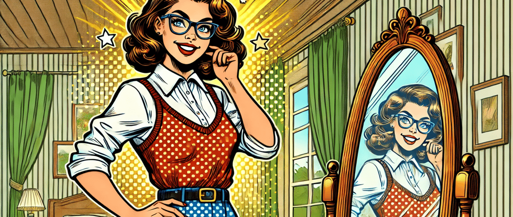 a woman in glasses and a red dress shirt