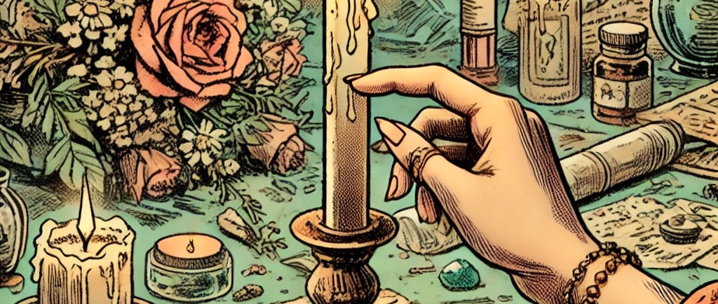 a person holding a candle in front of a table