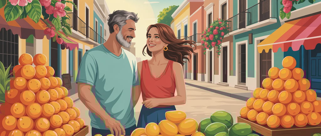 a man and woman standing in front of a fruit stand