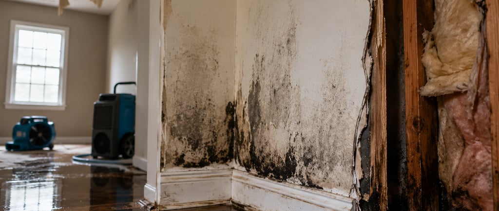 Interior wall water damage and hidden mold growth caused by excess moisture and untreated leaks insi