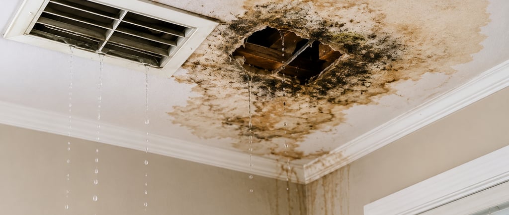 Leaking air conditioner causing water damage, ceiling stains, and visible mold growth inside a resid