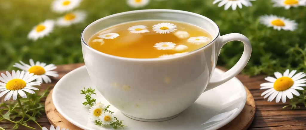 Uma xícara branca de chá de camomila herbal sobre uma mesa de madeira em um campo florido ensolarado
