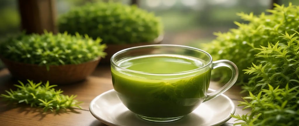 Um copo de vidro com chá verde matcha orgânico sobre uma mesa de madeira, cercado por plantas exuber