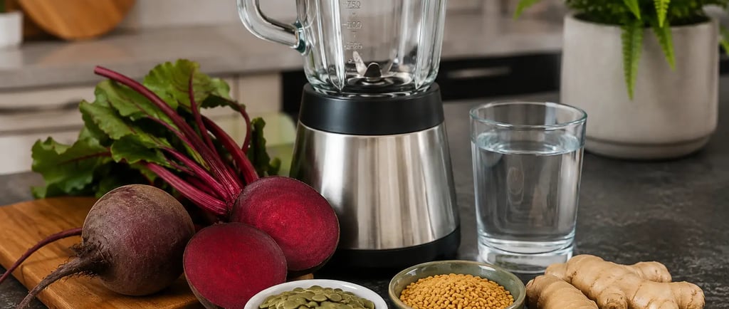 Beterraba, gengibre, feno-grego sementes e liquidificador para e copo de vidro com agua
