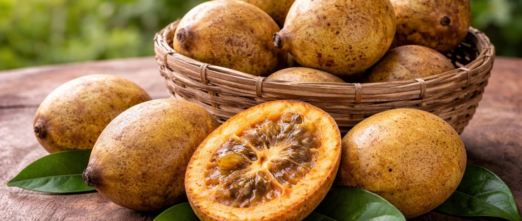 Jenipapo maduro cortado ao meio com polpa escura e frutos inteiros sobre mesa de madeira