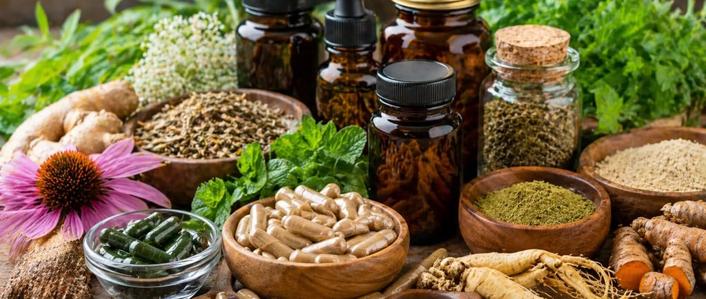 Suplementos herbais variados, cápsulas e pós com gengibre fresco e equinácea para bem-estar natural.