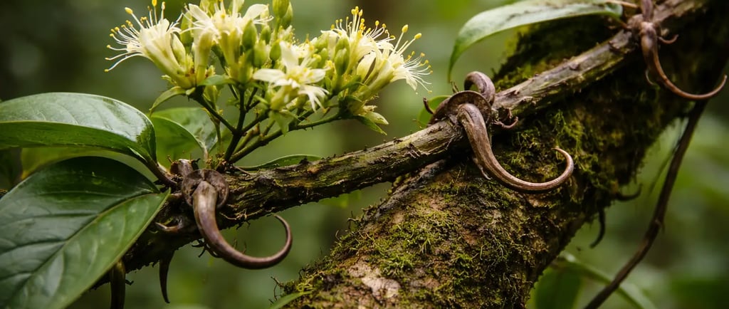 Trepadeira unha-de-gato medicinal (Uncaria tomentosa) com flores amarelas e espinhos curvados em uma