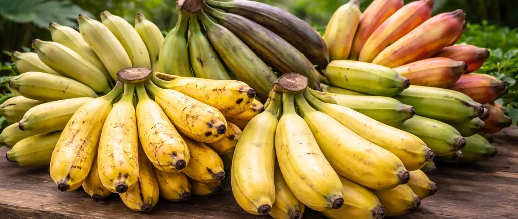 Cachos de diferentes tipos de banana expostos em ambiente natural