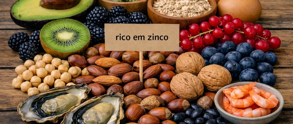 Variedade de alimentos ricos em zinco, incluindo ostras, nozes, sementes e frutas, sobre uma mesa