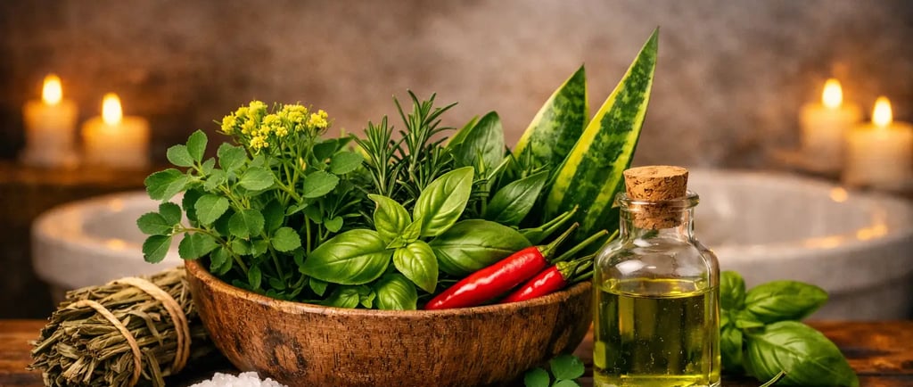 Uma tigela de madeira com ervas frescas, pimentas e sal grosso ao lado de um frasco de óleo.