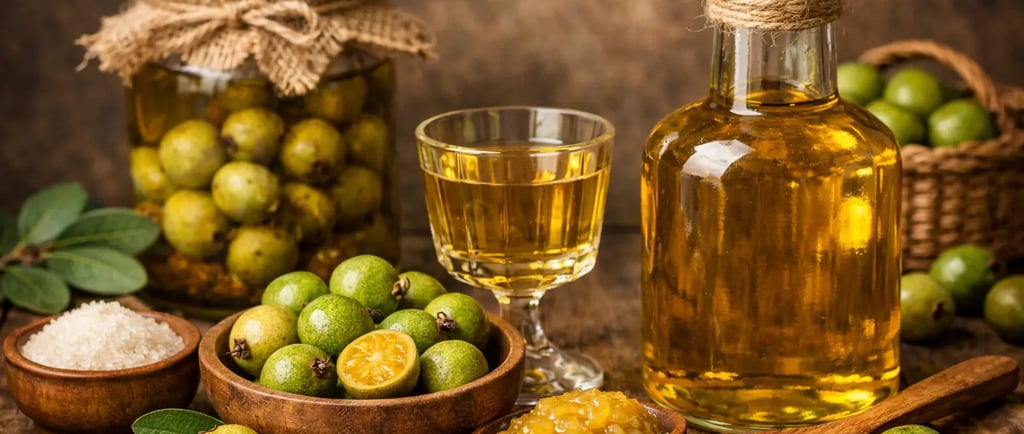 Gabirobas, licor e conservas em composição elegante de produtos caseiros gourmet.