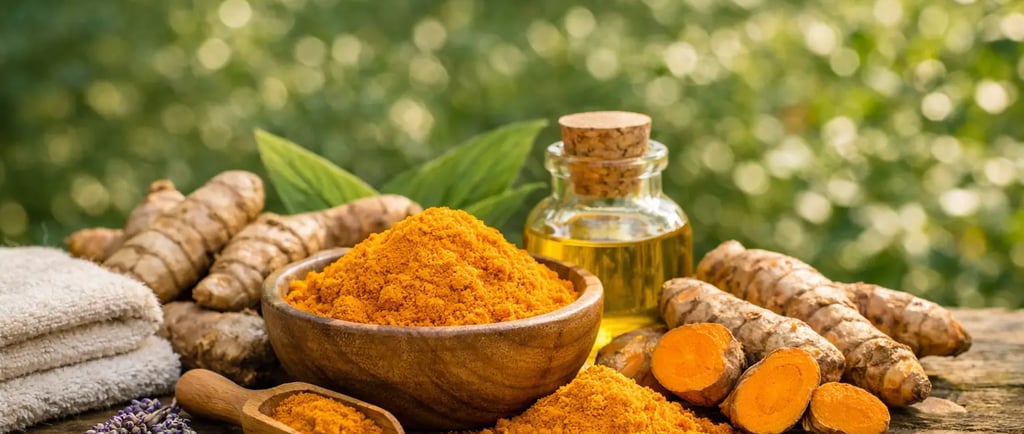 Raiz fresca de cúrcuma e pó amarelo de curcumina em tigela de madeira com óleo essencial.